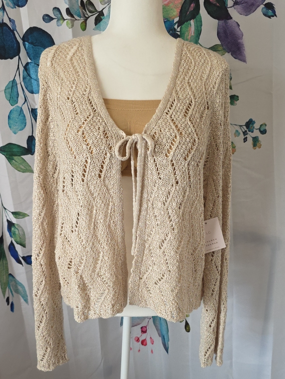 LC Lauren Conrad Beige Open-Knit Tie-Front Cardigan